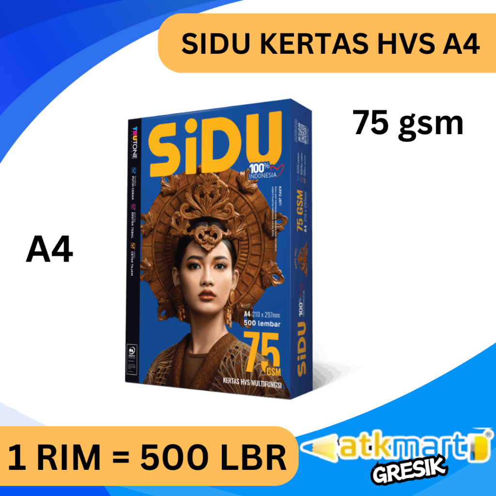 

SIDU KERTAS HVS A4 75 GSM / HVS SIDU A4 75 GRAM 1 RIM ISI 500 LEMBAR / KERTAS HVS PUTIH TEBAL MURAH