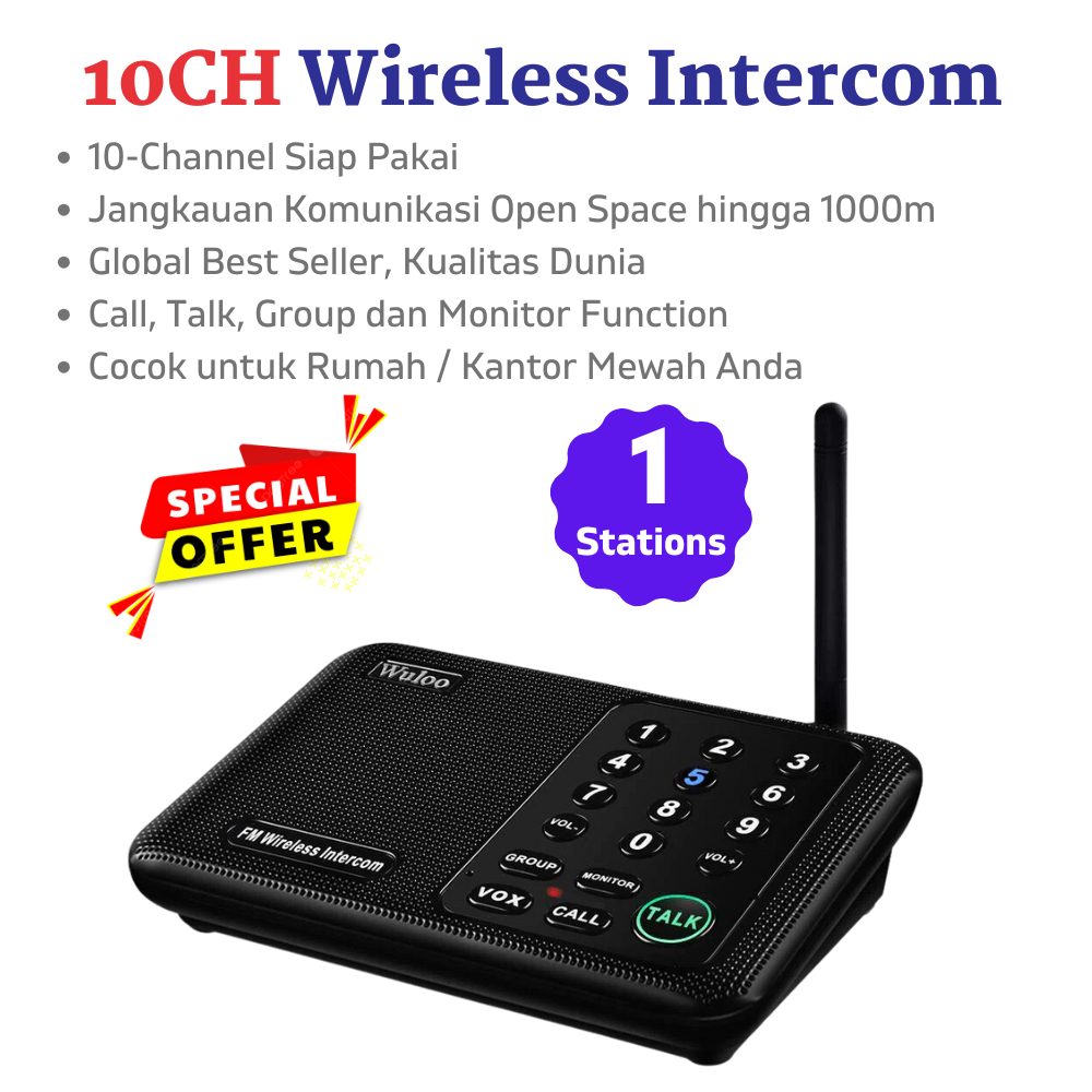 THE Modern 10CH Wireless Intercom 1 Station - Radio Interkom FM Wireless Interphone Wuloo Design