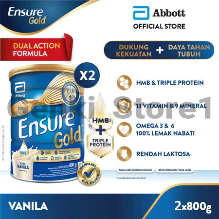 

[2 KALENG] ENSURE GOLD HMB Vanila / Cokelat 2 X 800GR - Nutrisi Dewasa Rendah Laktosa