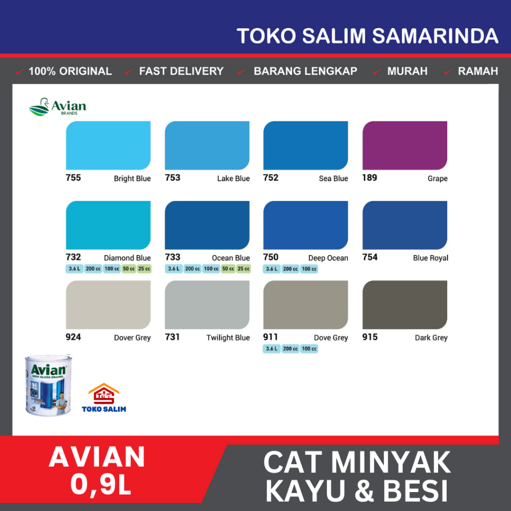 Cat Minyak Kayu dan Besi 0,9L 1KG AVIAN Warna Lengkap ( BIRU BLUE / GREY ABU / UNGU ) 755 / 753 / 75