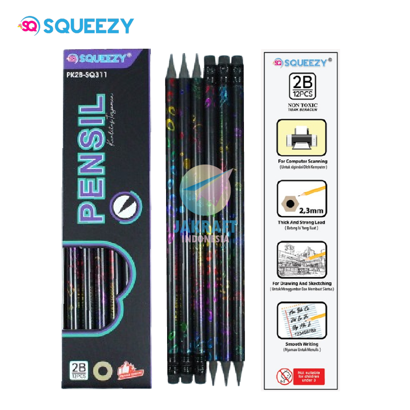 

(12 Pcs) Pensil Kayu Tulis Komputer Ujian Test Scoring 2B + Penghapus SQUEEZY PK2B-SQ311 Full Black Wood Kayu Hitam Asli Wooden Pencil w/ Eraser Souvenir