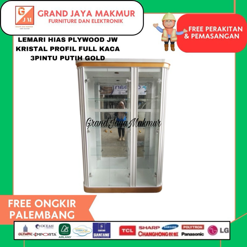 Lemari hias plywood JW kristal profil full kaca 3 Pintu putih gold lemari hias murah minimalis lemar