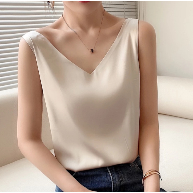 tank top kain satin / atasan wanita dalaman polos v neck / camisole satin / inner dalaman blazer inn