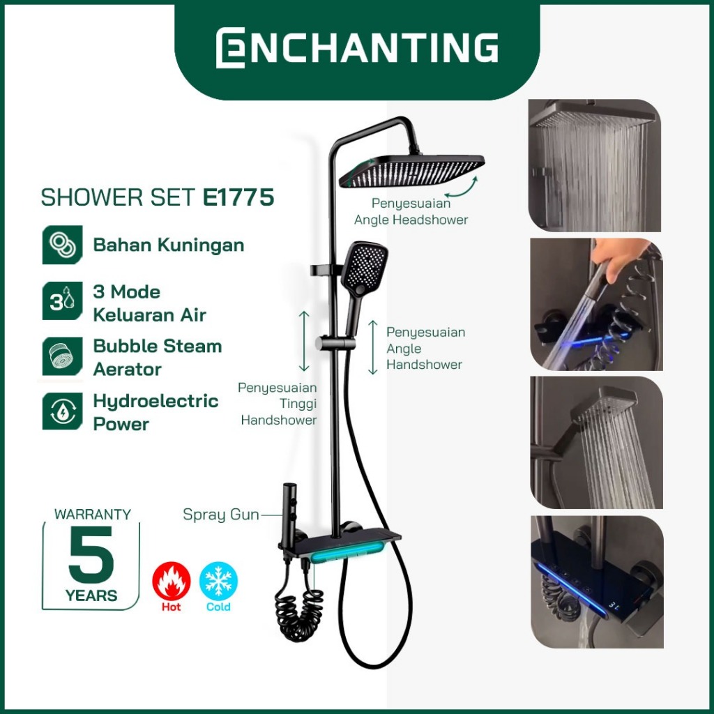 Shower Tiang Set E1775 LED Black Design Enchanting HydroPower Series