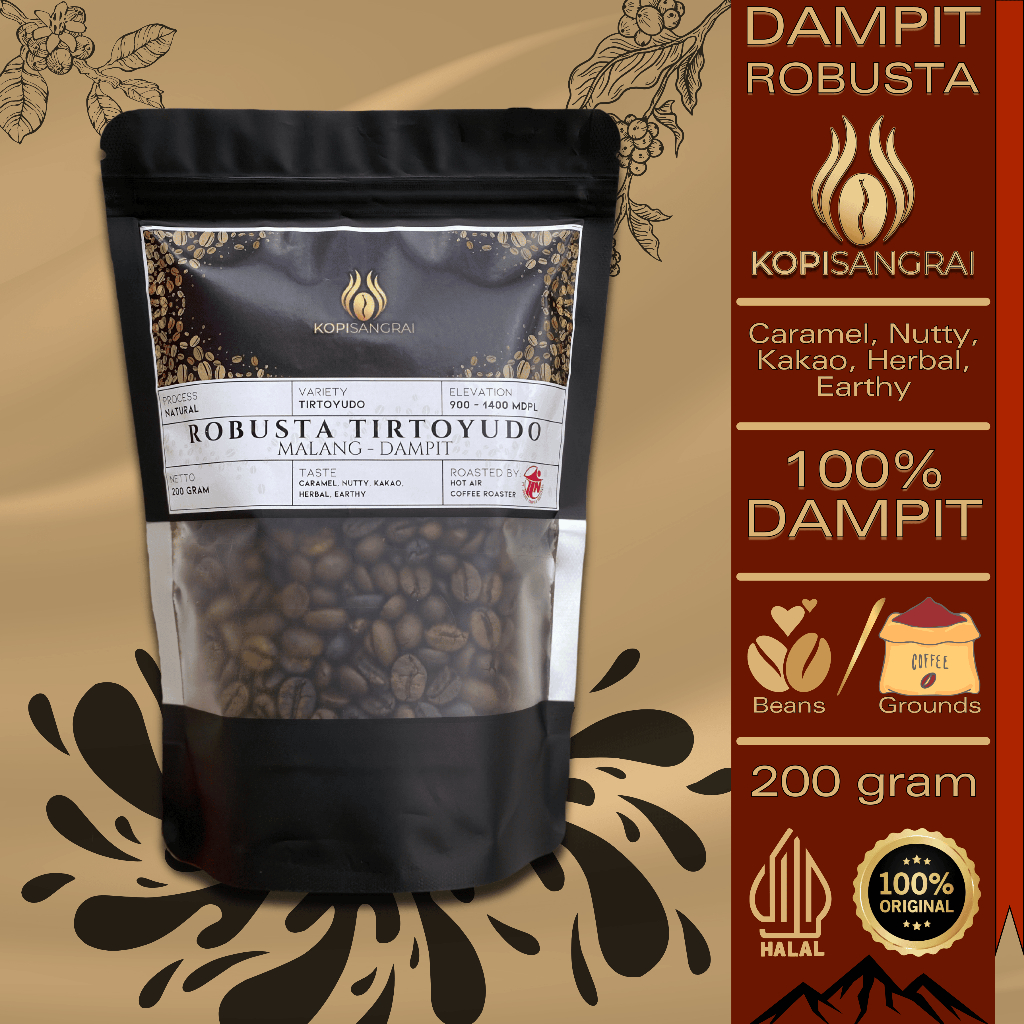 

Kopi Robusta Dampit Tirtoyudo Malang - Biji/Bubuk 200gr | Fresh Roasted | Natural Process | Strong & Bold | Aroma Karamel, Kacang, Kakao, Herbal, Earthy | Kopi Asli Indonesia | Halal & 100% Original