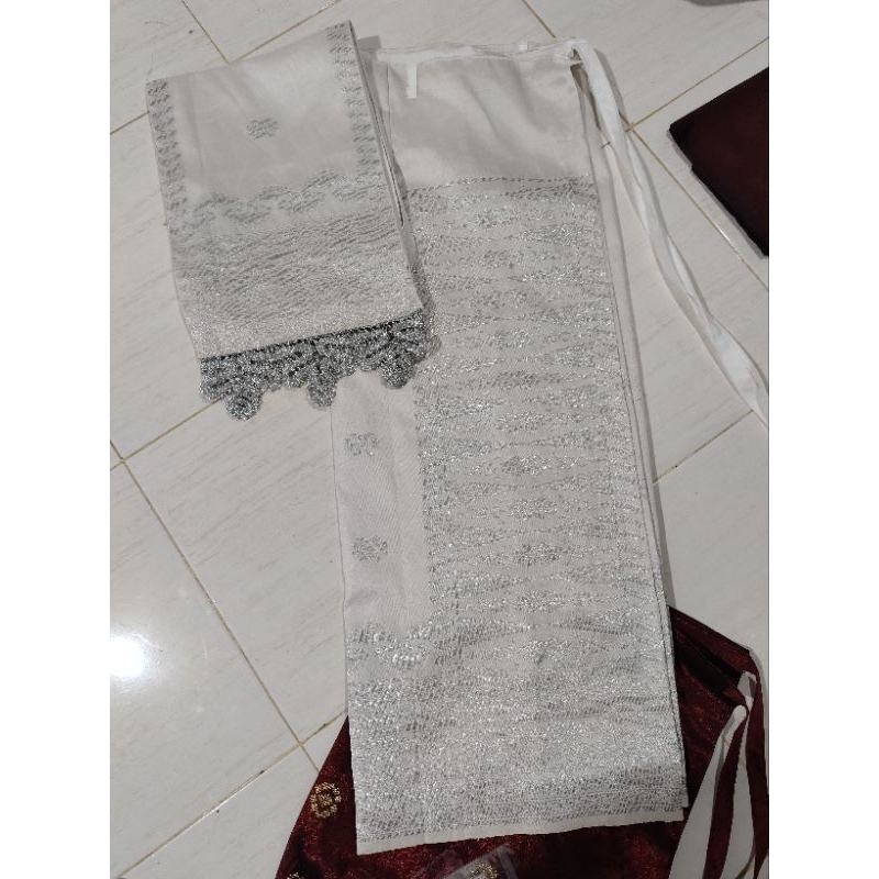 Songket silungkang siap pakai warna bw silver, krem putih tulang, songket padang