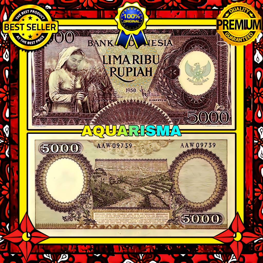 KOLEKSI NUMISMATIK - SOUVENIR UANG KUNO 5000 RUPIAH INDONESIA PETANI PADI 1958