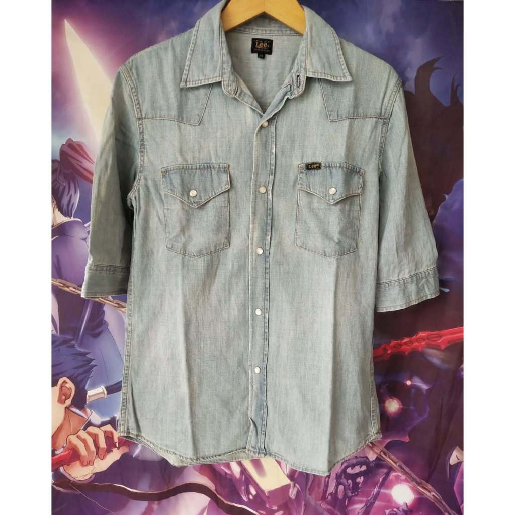 Lee Short Sleeve Double Pocket Blue Faded Denim Shirt Kemeja Original Second Merch Japan Korea Brand