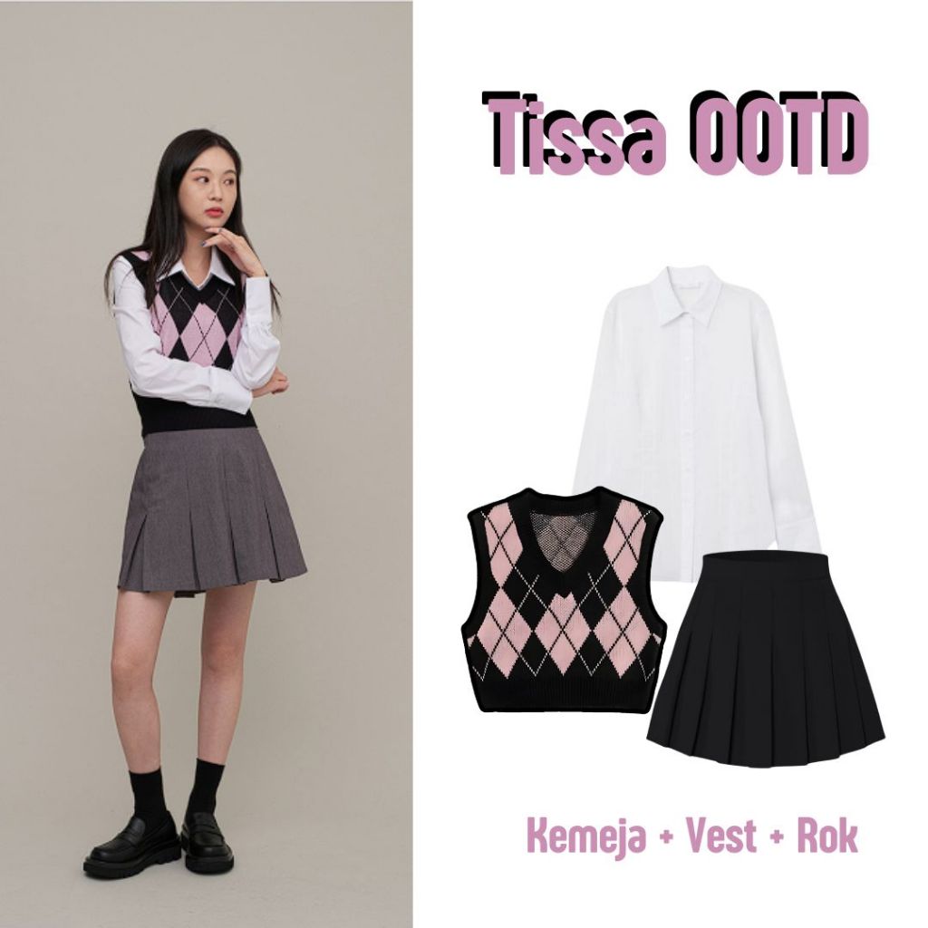 3in1 Tissa Outfit Ala Korea (Kemeja Polos , Rok pendek, Vest Diamond) OOTD Casual School Cosplay