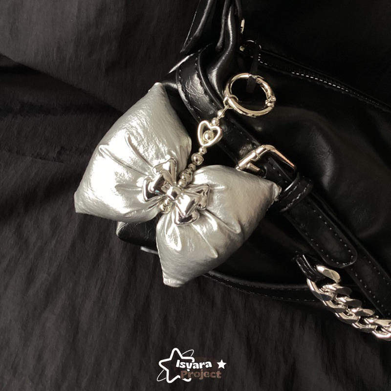 PUFFY BOW CHARM SILVER BAG CHARM DOUBLE RIBBON Y2K AESTHETIC BAG CHARM PITA FLUFFY
