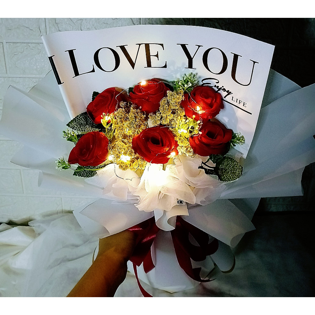 Buket Bunga Mawar dan bunga kering LED bisa nyala Imitasi Size Besar Untuk Perayaan Acara Ulang Tahu