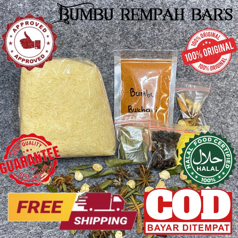 

Paket beras basmati+bumbu kebuli/briyani/bukhari/1 kg / free kismis+margarin+rempah+daun kari/bumbu rempah bar's