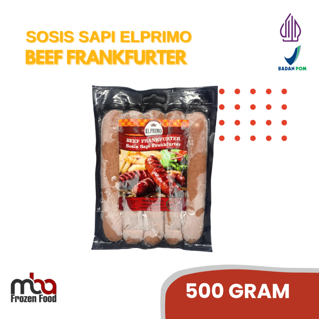 

El Primo Sosis Sapi Frankfurter Beef 500 Gram /Sosissapi /Sapi /Sosis /Daging /Kornet /Sate /Snack /Camilan /Dagingsapi /Dagingayam /Ayam /Frozen food