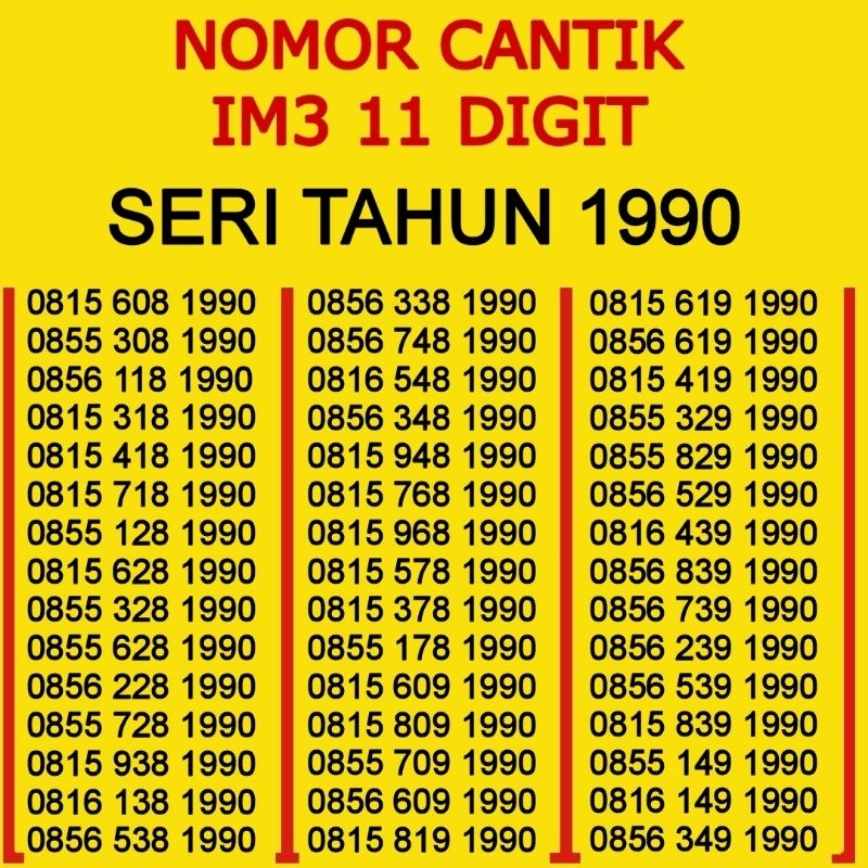 Indosat No Cantik IM3 11 Digit Seri Tahun Lahir 1988, 1990, 1989, 1991, 2000, 2002, 2005, 2006 dll