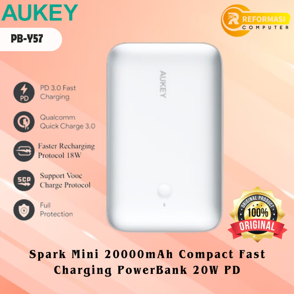 AUKEY Powerbank Aukey PB-Y57 Spark Mini 20000mAh Compact Fast Charging PowerBank 20W PD - Gray