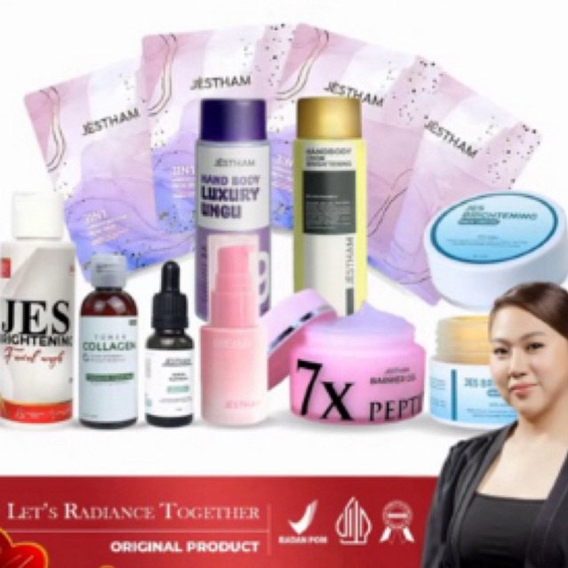 Jestham Original Paket Glow Brightening Hb ungu kuning 7x peptide face cream toner serum 9x collagen
