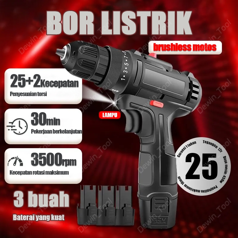 DEWIN Mesin Bor Listrik Cordless 3500RPM Mesin Bor Impact Tangan Brushless Drill Impek 10MM Bor