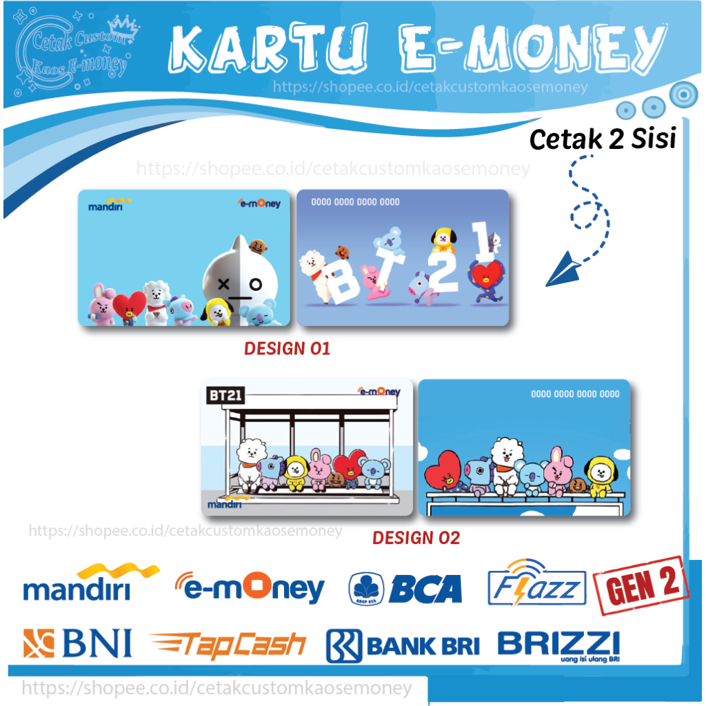 KARTU E MONEY E TOLL GAMBAR BT21 KARTUN BTS MANDIRI EMONEY BNI BRI BCA - 2 SISI