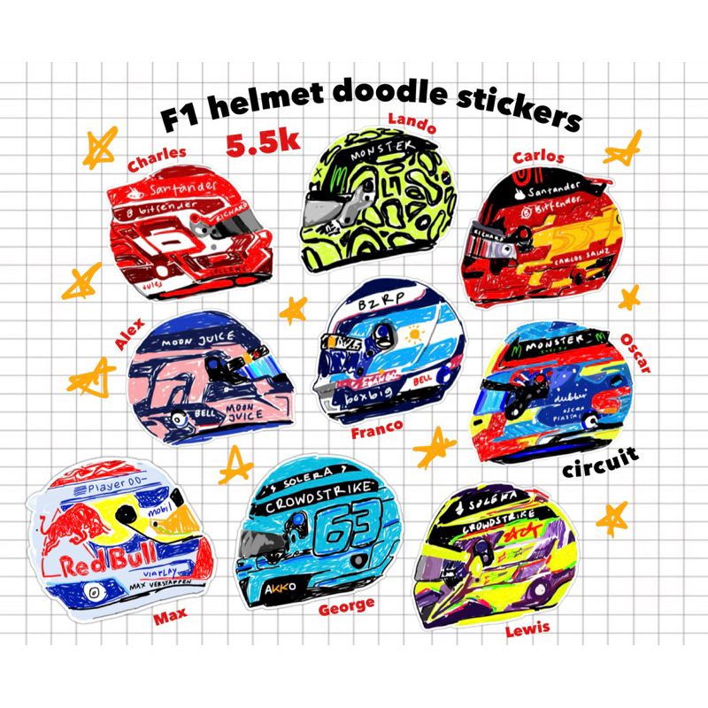 

F1 doodle helmet stickers by circuit
