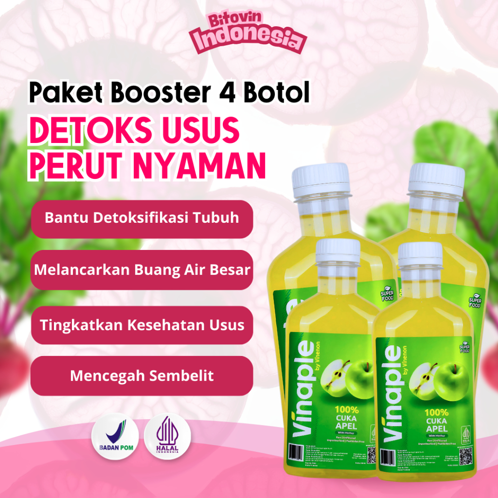 

Vinaple 4 Botol Hemat - Cuka Buah Apel 100% with mother - Sehatkan Pencernaan dan Detoks Alami