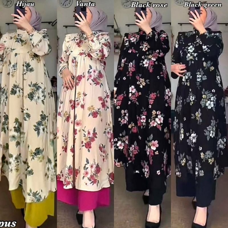 Setelan Set Tunik Wanita Rayon Crinkle Motif Bunga Busui / Mezora Set Tunik