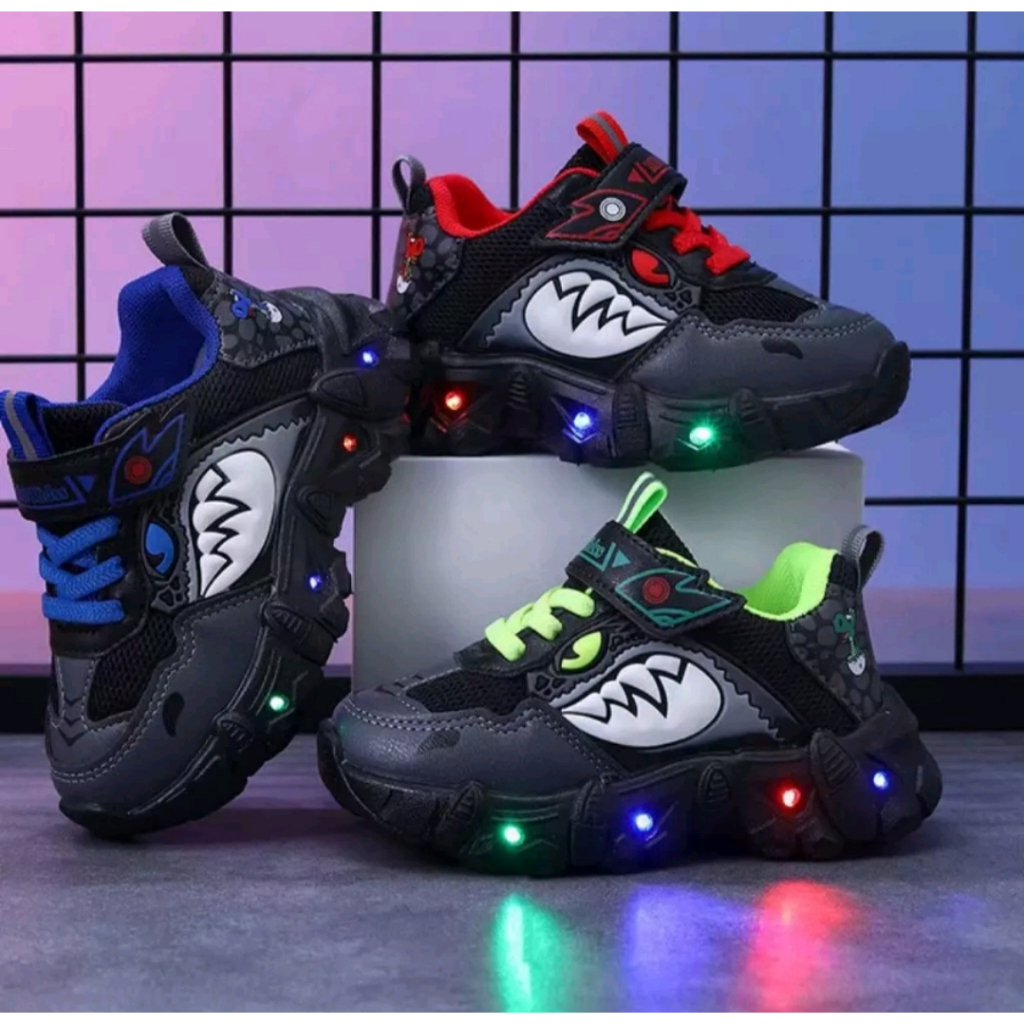 Sepatu Sneakers Black Dragon Mighty Anak Laki-Laki Import Lampu Nyala 1-5 Tahun/ Sepatu Kets Casual 