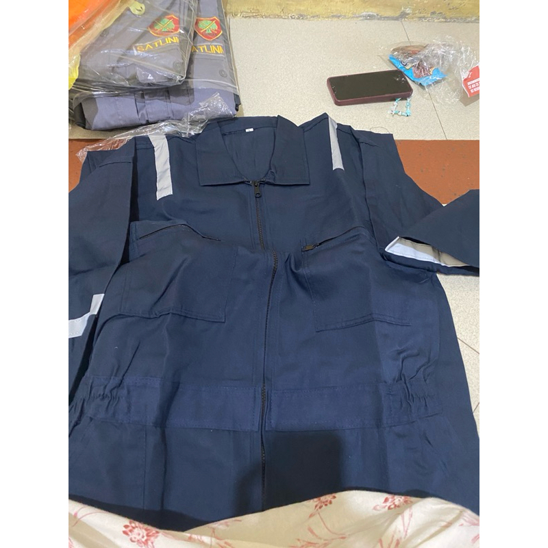 custom bordir wearpack terusan katelpak warna oren,merah,navi,biru bca, kain american drill