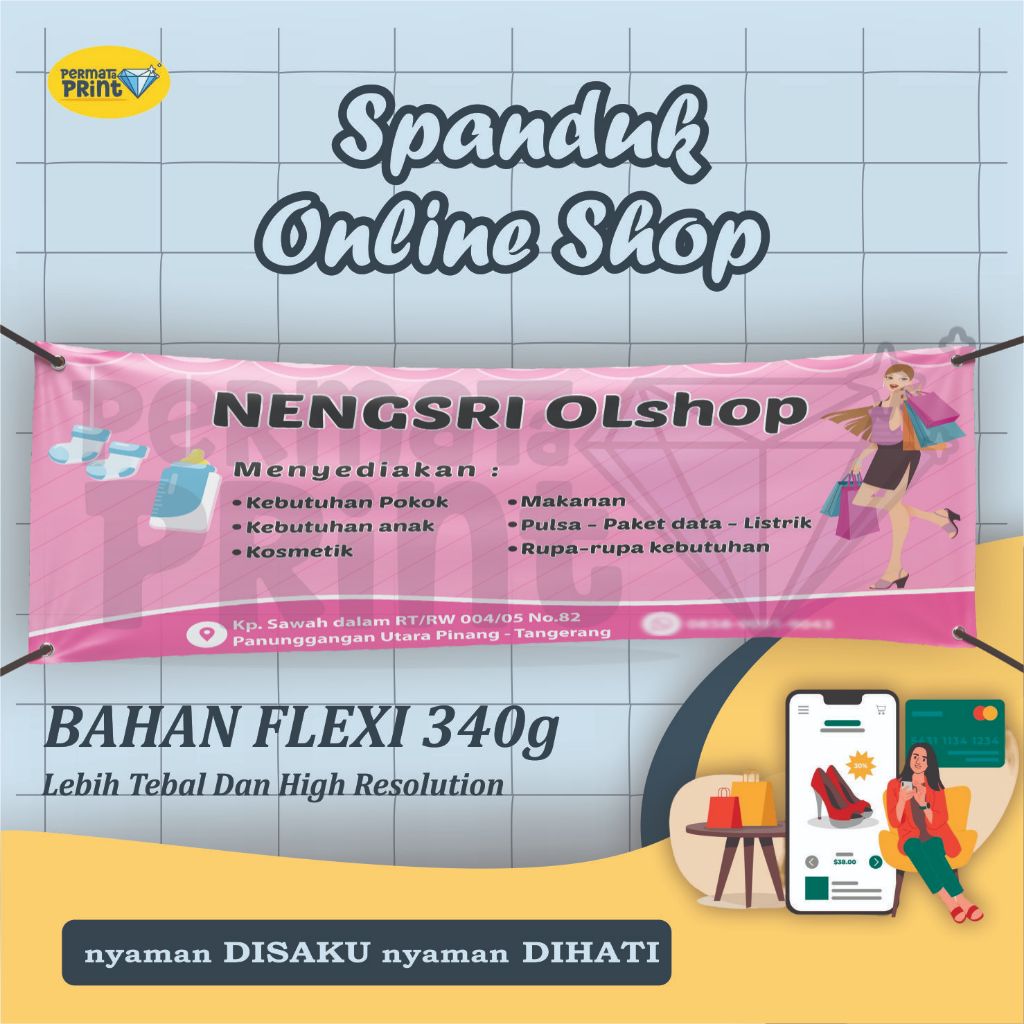 Spanduk Online Shop Custom Free Design / Banner Olshop Meteran Custom / Spanduk Tebal Bahan 340gr / 