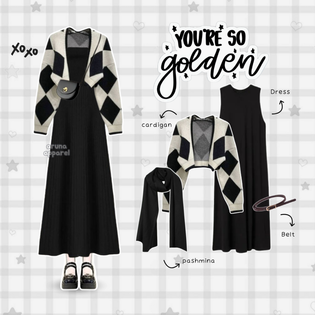 Penawaran Terbatas Aruna - 4in1 One Set Hijab Korean Style OOTD Hijab Dress Hitam Outfit Remaja