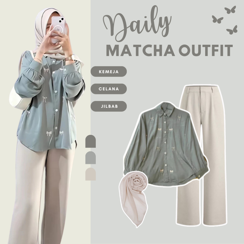 Penawaran Terbatas One Set OOTD Hijab Style ( Kemeja Pita - Celana - Bella Square ) Setelan Wanita