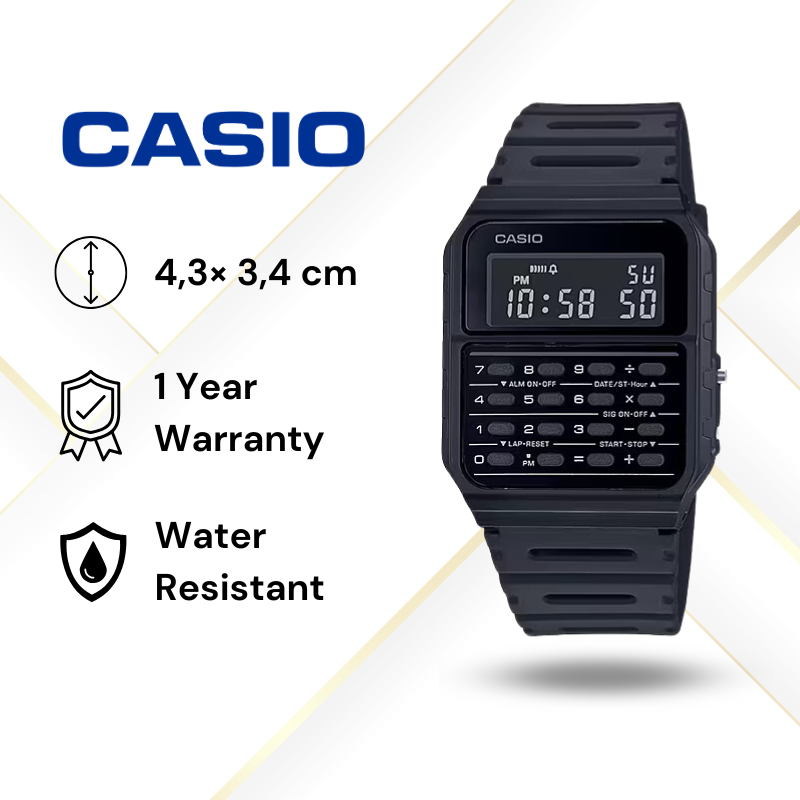 JAM TANGAN CASIO CA-53W-1Z ORIGINAL - DATABANK CA53W KALKULATOR HTAM CASIO ORIGINAL