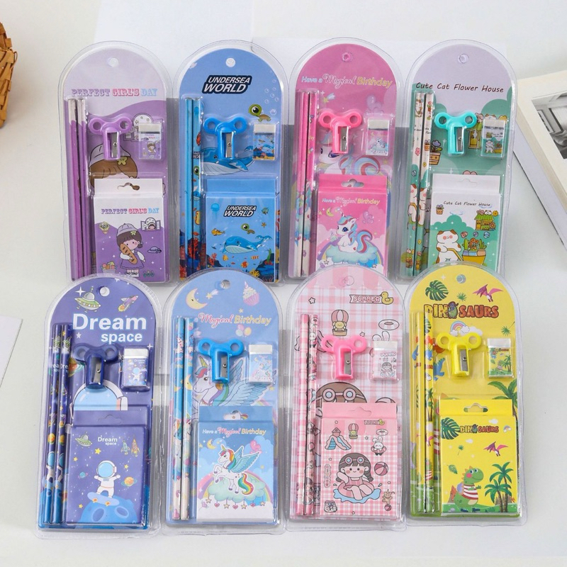 

008 set alat tulis crayon pensil 5 in 1 rautan penghapus anak sekolah hadiah lomba kado ultah ulang tahun hampers souvenir natal lebaran agustusan paskah acara goodiebag dinosaurus undersea unicorn astronot