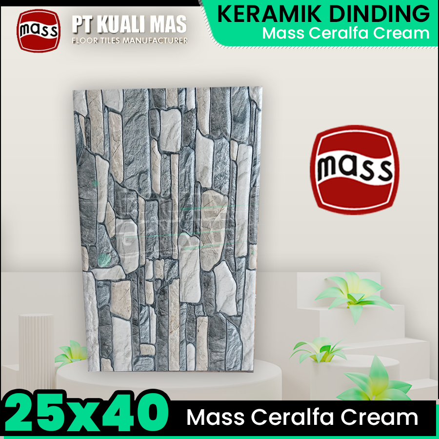 Keramik Dinding 25x40 Mass Ceralfa Cream Motif Batu Tekstur Kasar Emboss KW1