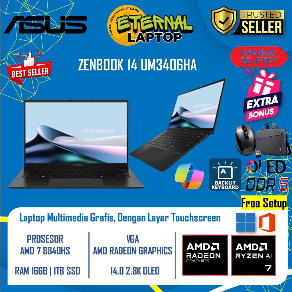 Laptop Slim Asus Zenbook Oled UM3406HA Amd 7 8840HS 16gb 1TB Touchscreen Windows 11 Original