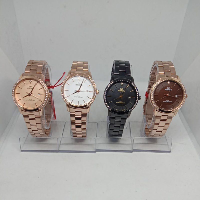 Jam Tangan Mirage (8805BRP-L) Permata tali rantai Hitam/Gold Pemakaian Wanita (Original)