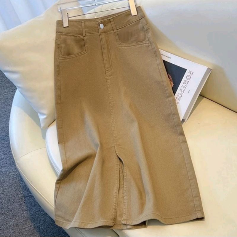 Rok korean style celah rok jeans midi panjang kekinian cewe jumbo regular vintage