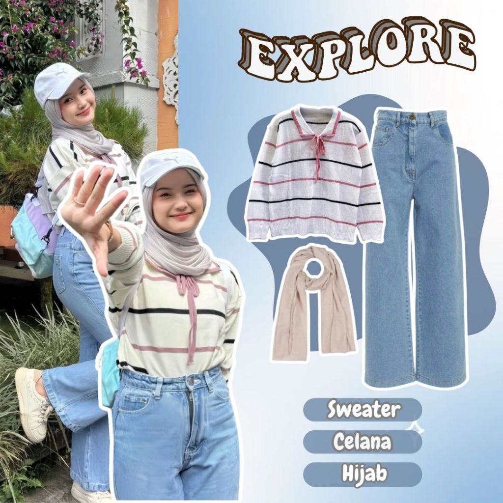 One Set 3in1 OOTD Viral Sweater Rajut Pita Celana Kulot Jeans Hijab Pashmina KF44
