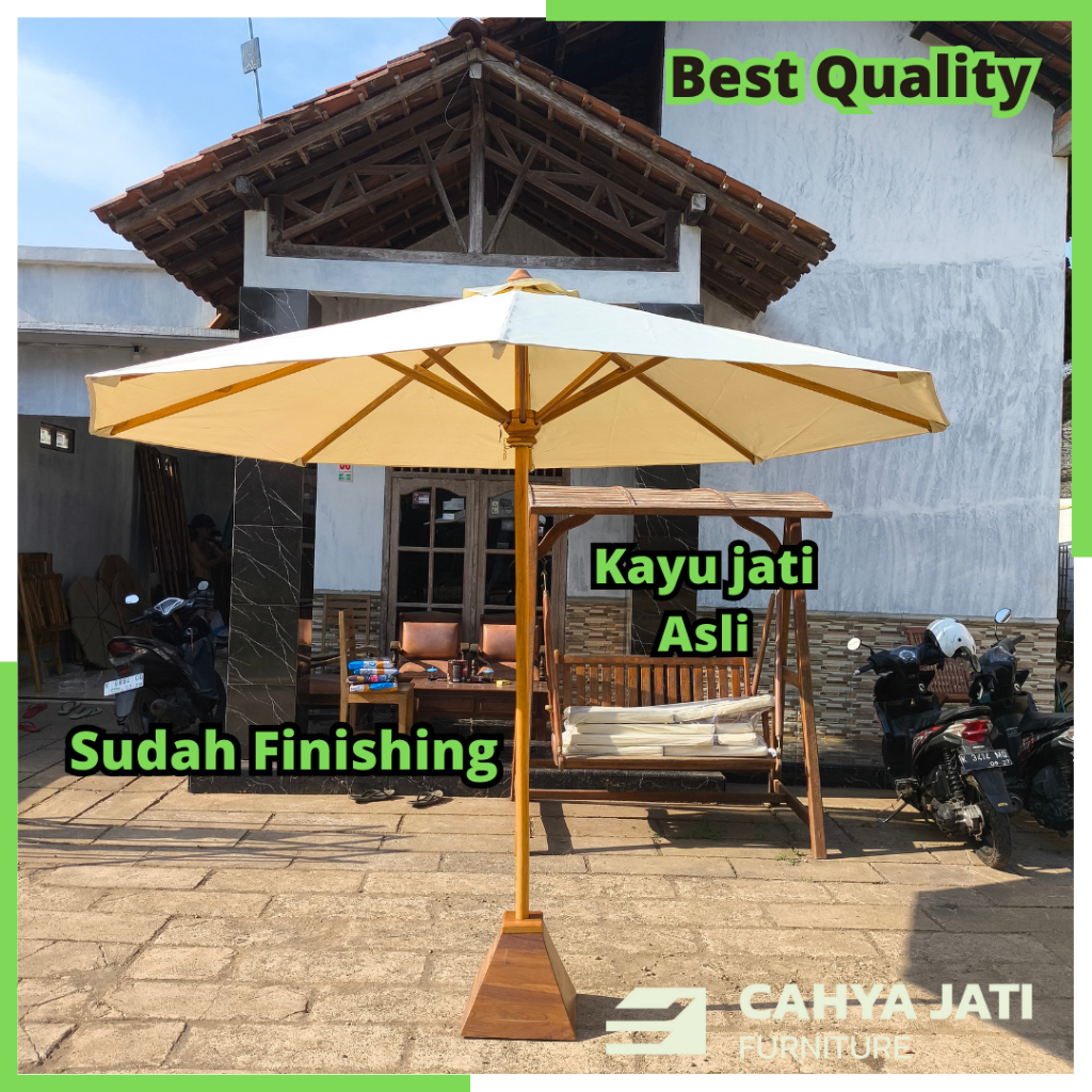 Tenda payung cafe taman pantai outdoor rangka kayu jati dengan pemberat cor