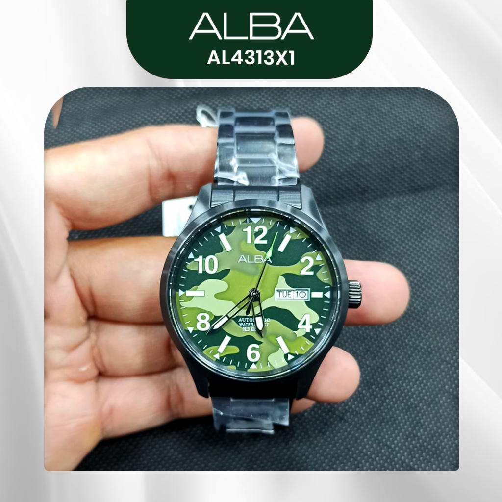 Jam Tangan Pria Alba AL4313X1 AL4313 Automatic Green Camo Dial Original Resmi