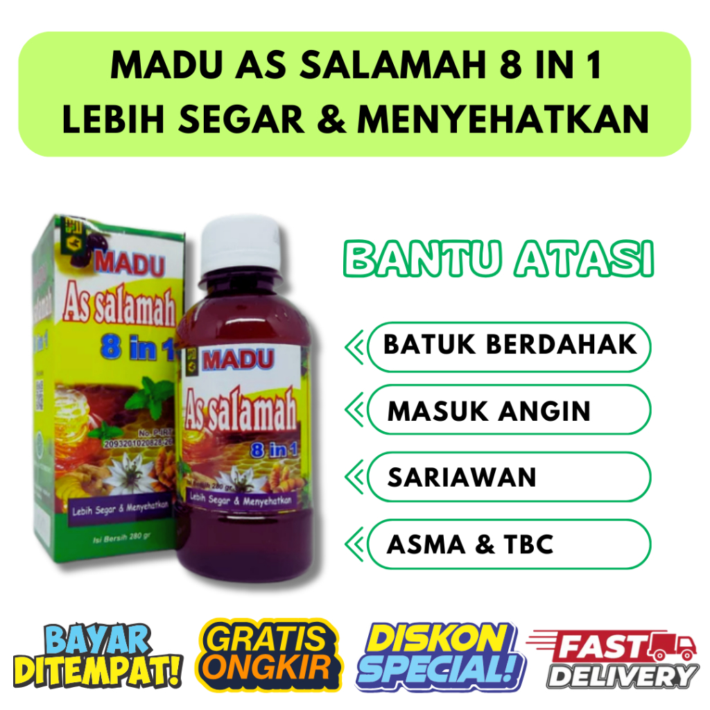 

AsSalamah 8 in 1 isi 280gr | Madu as salamah 8in1 Meredakan Batuk, Flu, Pilek Secara Alami