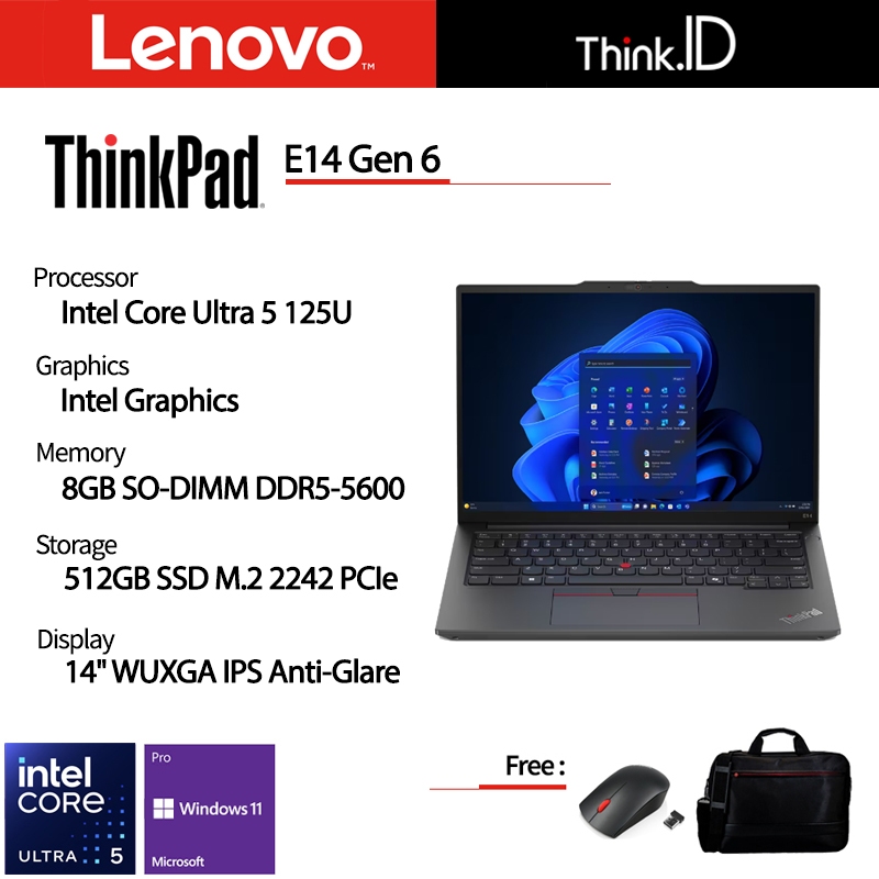 Lenovo ThinkPad E14 G6 Laptop Intel Ultra 7 16GB 1TB SSD 14" IPS Hitam