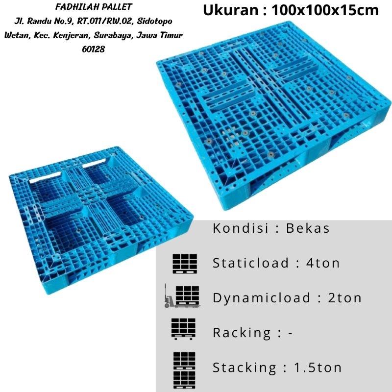 PALLET PLASTIK BEKAS BIRU KUAT UKURAN 100X100X15 UNTUK KEBUTUHAN LANDASAN BARANG PERGUDANGAN