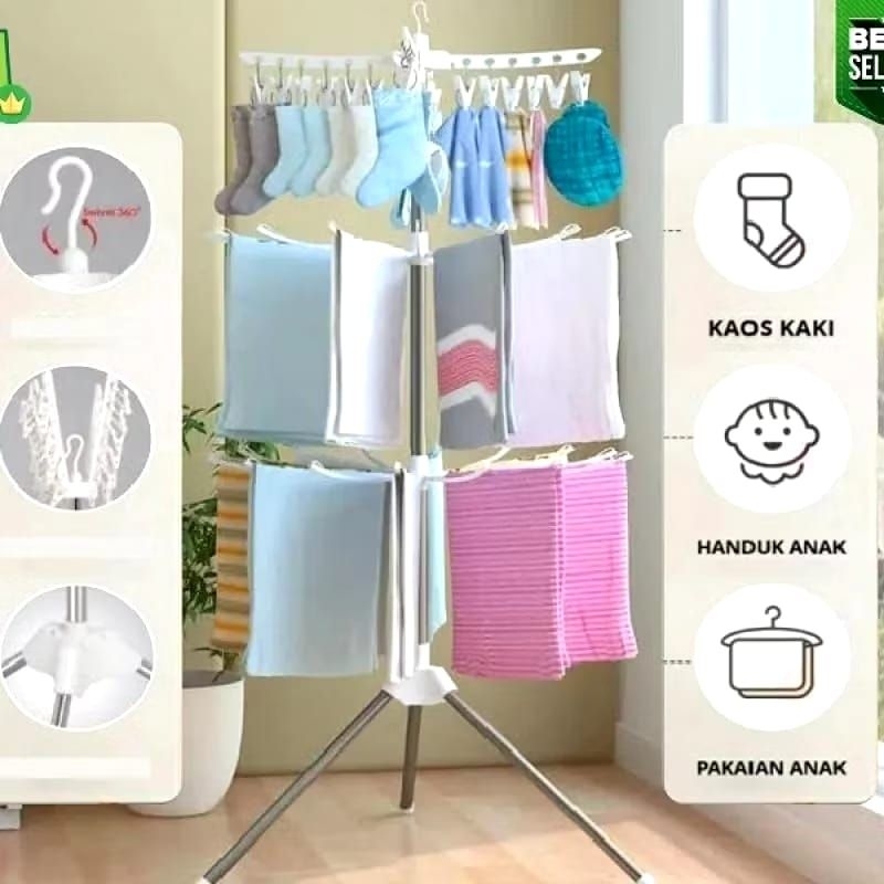 Jemuran Baju Menara Bayi 3 Susun Stainless Rak Tingkat Lipat Portable