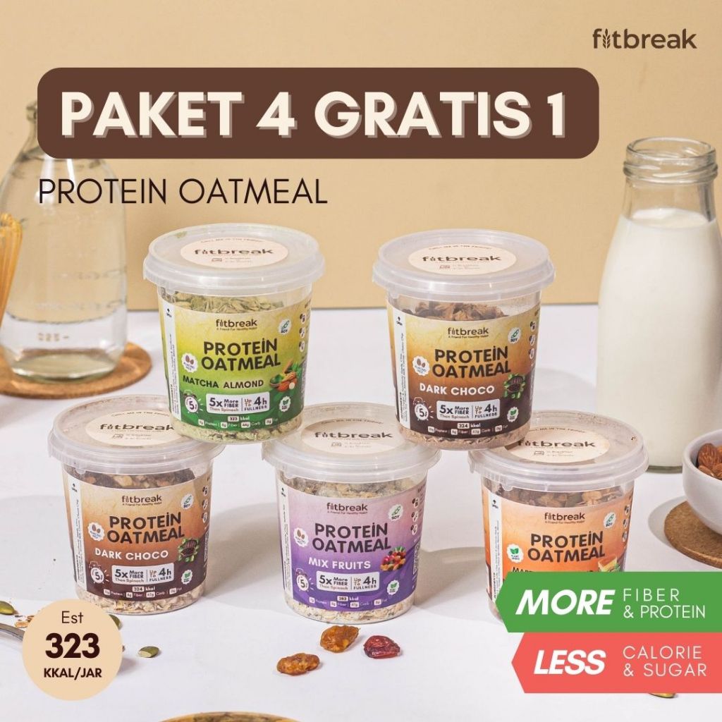 

Paket 4 Gratis 1 Protein Oatmeal Fitbreak / Healthy Snack / Instant Oats / Overnight Oats / Diet Friendly / Sarapan / Oatmeal