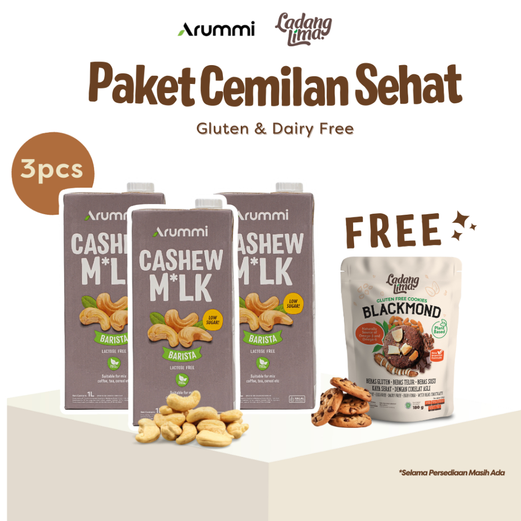 

[Arummi x Ladang Lima ] Paket Cemilan Sehat Gluten & Dairy Free - 3 Pcs Arummi Cashew Milk Barista Free Blackmond Cookies