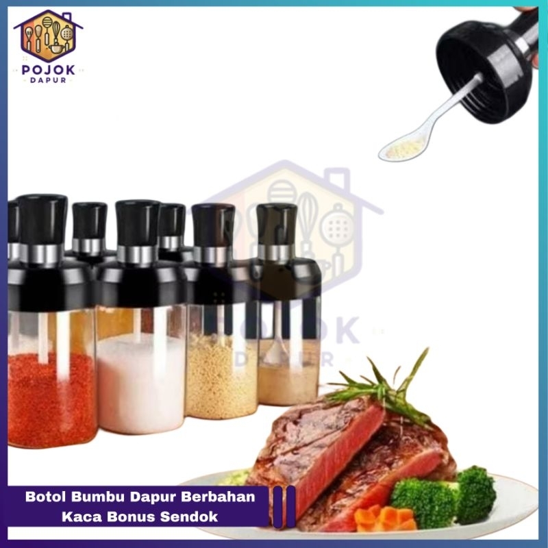 Botol Bumbu Dapur Berbahan Kaca Bonus Sendok / Tempat Bumbu Dapur Kopi Gula Merica Lada Serbaguna De