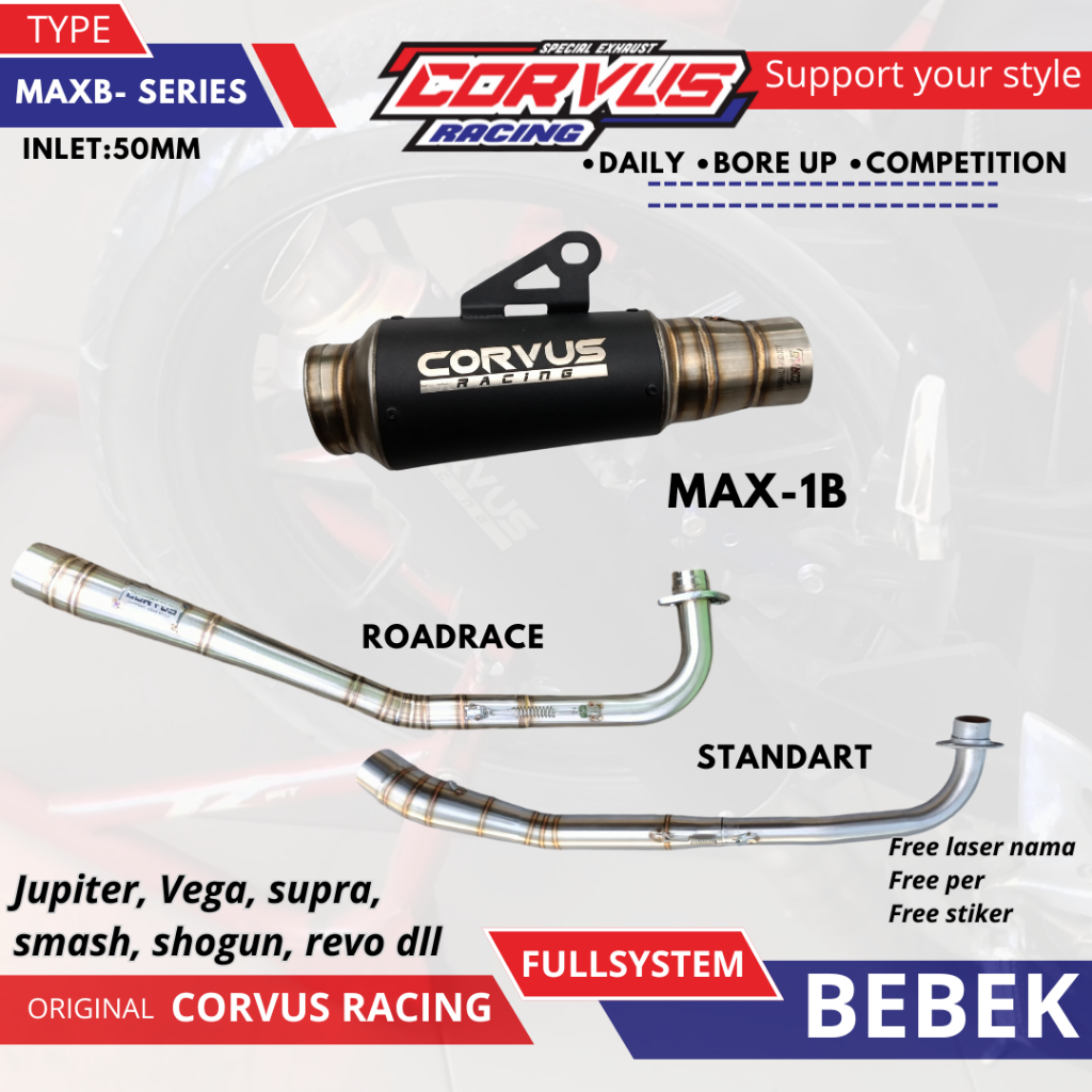 Knalpot Racing ( FULL SYSTEM BEBEK ) CORVUS RACING TYPE MAX BLACK  SERIES – Suara BASS GAHAR 50mm | 