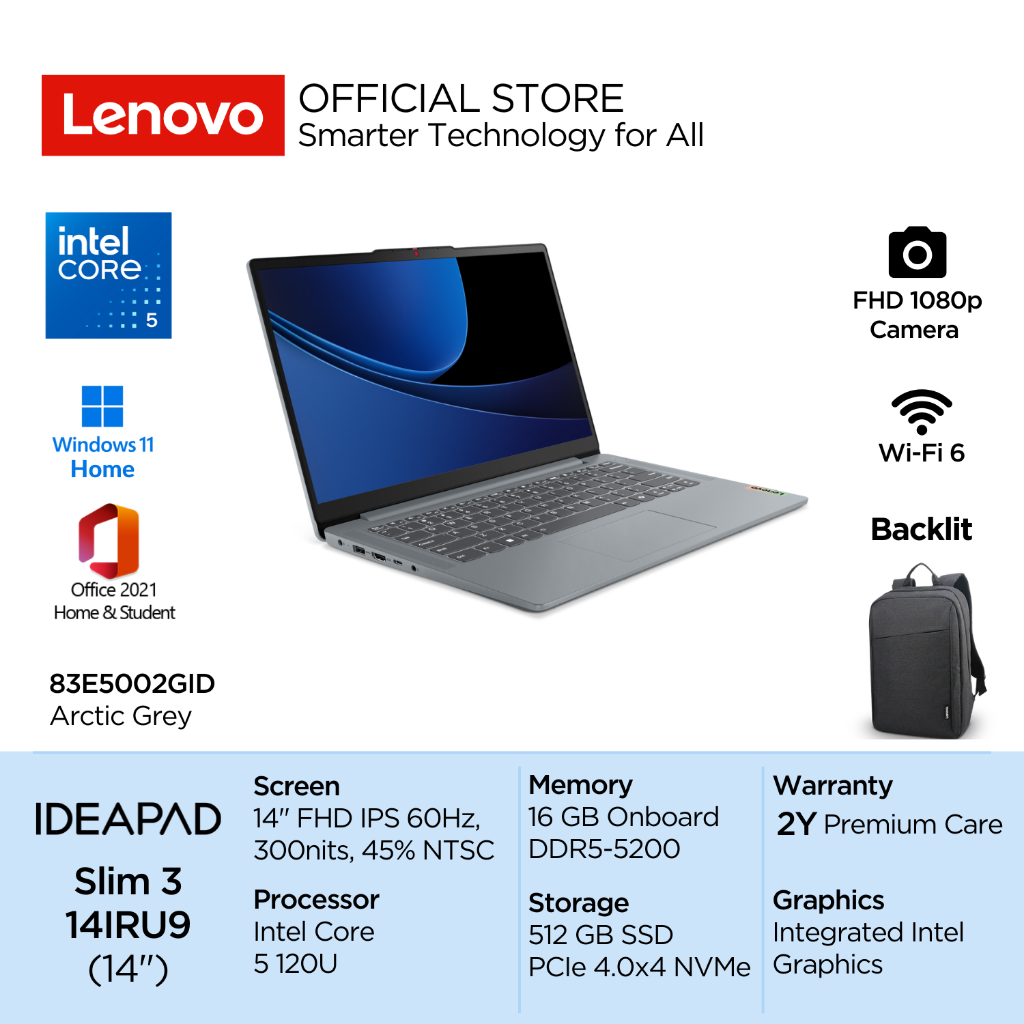 Lenovo IdeaPad Slim 3i 14IRU9 Intel Core 5 120U Win11 16GB Soldered 512GB SSD 14" FHD IPS 300nits 60