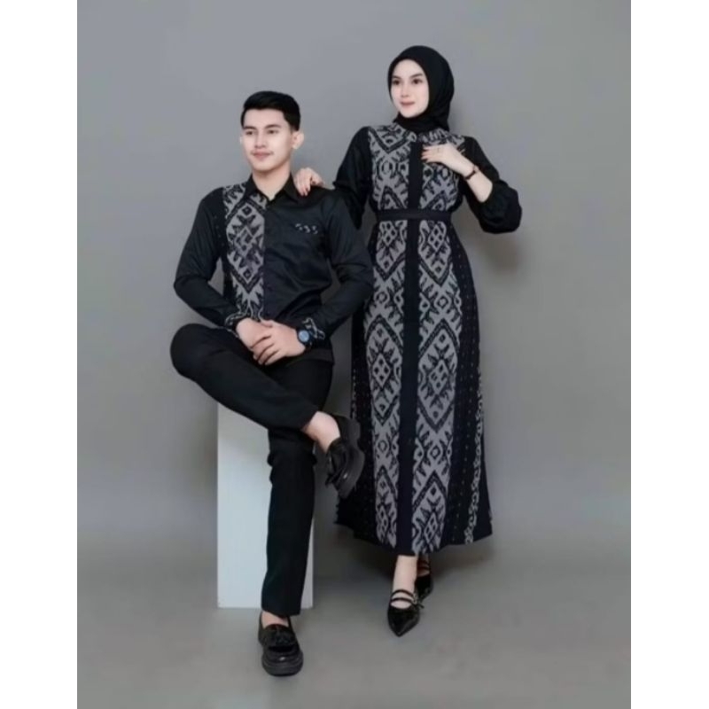 BAJU TENUN COUPLE BELVIA HITAM PASANGAN KEMEJA KOKO PRIA BAJU MUSLIM COUPLE LEBARAN