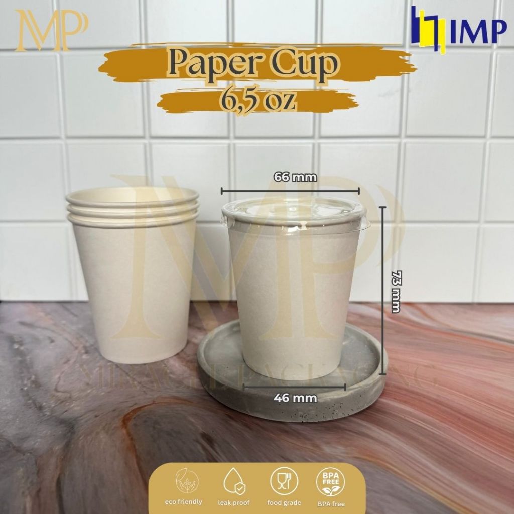 Paper Cup 6,5oz IMP / Paper Cup 6,5oz + Tutup / Lid Paper Cup 6,5oz / Gelas Kertas Kopi 50 pcs